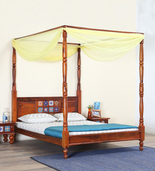 Rangrez Sheesham Wood King Size Poster Bed in Honey Oak Finish (72 - 78 inch Mattress Size)