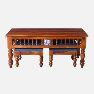 Nilaya Sheesham Wood Nesting Coffee Table Set in Honey Oak Finish With Cushioned Stools