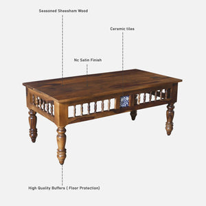 Nilaya Sheesham Wood Nesting Coffee Table Set in Provincial Teak Finish With Cushioned Stools