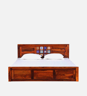 Rangrez Sheesham Wood Queen Size Bed In Honey Oak Finish With Box Storage (60 - 78 inch Mattress Size)