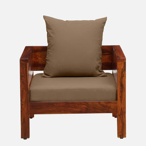 Rangrez Sheesham Wood 1 Seater Sofa In Honey Oak Finish with Beige Cushioned Chair