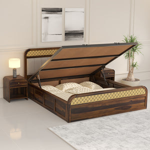 Floral Solid Wood King Size Hydrulic Storage Bed In Provincial Teak Finish (Beige) (72 - 78 inch)