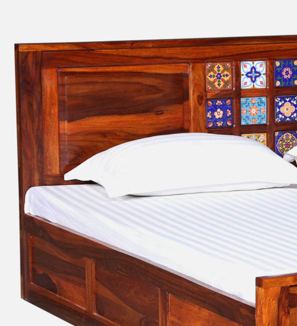 Rangrez Sheesham Wood Queen Size Bed In Honey Oak Finish With Box Storage (60 - 78 inch Mattress Size)