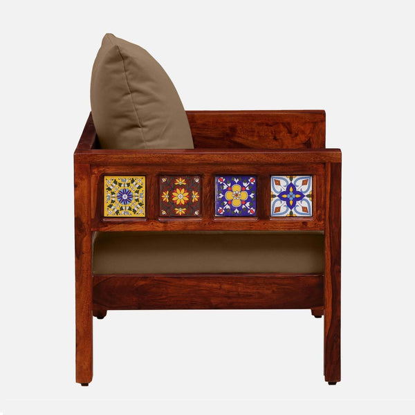 Rangrez Sheesham Wood 1 Seater Sofa In Honey Oak Finish with Beige Cushioned Chair