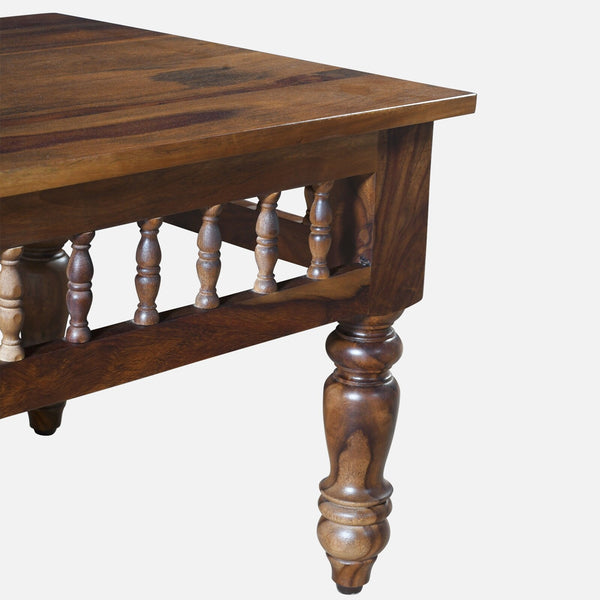 Nilaya Sheesham Wood Nesting Coffee Table Set in Provincial Teak Finish With Cushioned Stools
