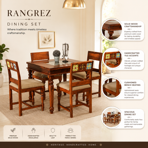 Rangrez Sheesham Wood 4 Seater Dining Set In Honey Oak Finish With Cushioned Chair