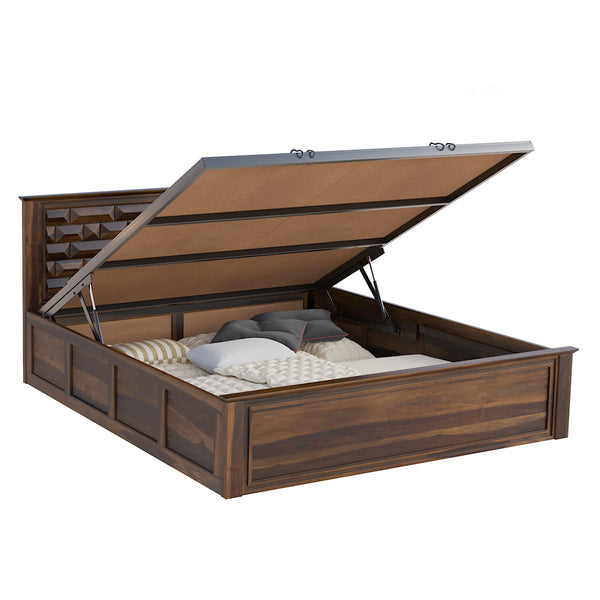 Yashika Sheesham Wood Queen Size Bed In Provincial Teak Finish With Hydraulic Storage (60 x 78 inches)