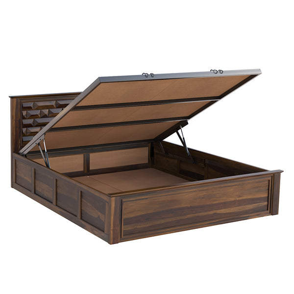 Yashika Sheesham Wood Queen Size Bed In Provincial Teak Finish With Hydraulic Storage (60 x 78 inches)