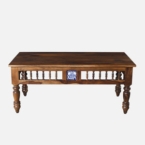Nilaya Sheesham Wood Nesting Coffee Table Set in Provincial Teak Finish With Cushioned Stools