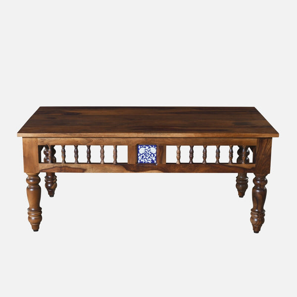 Nilaya Sheesham Wood Nesting Coffee Table Set in Provincial Teak Finish With Cushioned Stools