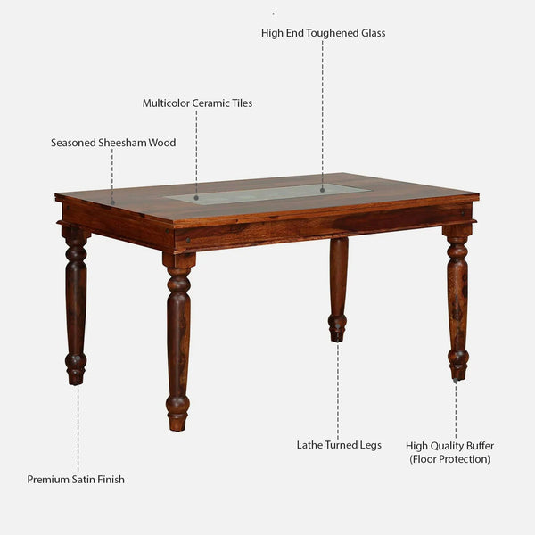 Rangrez Sheesham Wood 6 Seater Dining Set In Honey Oak Finish With Cushioned Bench
