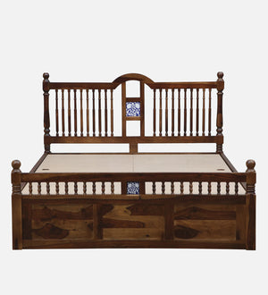 Nilaya Sheesham Wood Queen Size Bed In Provincial Teak Finish With Box Storage (60 - 78 inch Mattress Size)