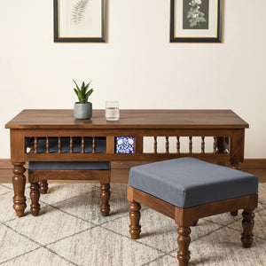 Nilaya Sheesham Wood Nesting Coffee Table Set in Provincial Teak Finish With Cushioned Stools