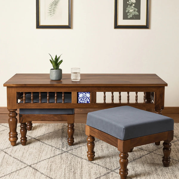 Nilaya Sheesham Wood Nesting Coffee Table Set in Provincial Teak Finish With Cushioned Stools