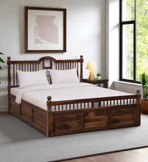 Nilaya Sheesham Wood Queen Size Bed In Provincial Teak Finish With Box Storage (60 - 78 inch Mattress Size)