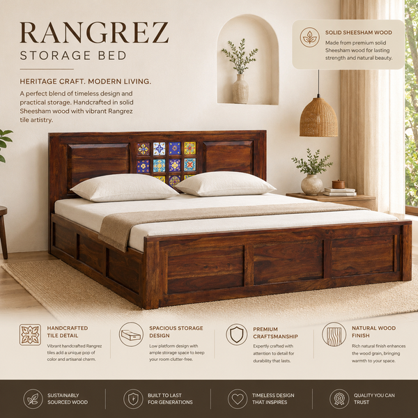 Rangrez Sheesham Wood King Size Bed In Provincial Teak Finish With Box Storage (72 - 78 inch Mattress Size)