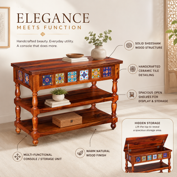 Rangrez Sheesham Wood Console Table In Honey Oak Finish