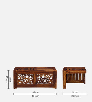 Lifty  Sheesham Wood Nesting Coffee Table Set in Provincial Teak Finish With Cushioned Stools