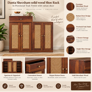 Danta Sheesham Wood  4 Door 1 Drawer Cabinet In Provincial Teak Finish  with Rattan Door