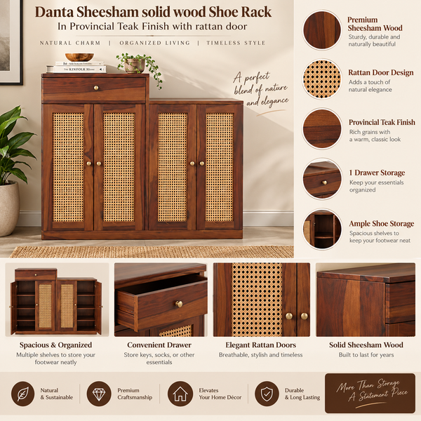 Danta Sheesham Wood  4 Door 1 Drawer Cabinet In Provincial Teak Finish  with Rattan Door