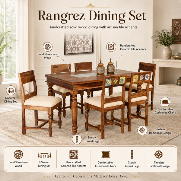 Rangrez Sheesham Wood 6 Seater Dining Set In Provincial Teak Finish With Cushioned Chair