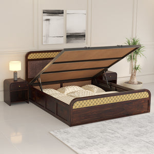 Floral Solid Wood King Size Hydrulic Storage Bed In Walnut Finish (Brown) (72 - 78 inch)