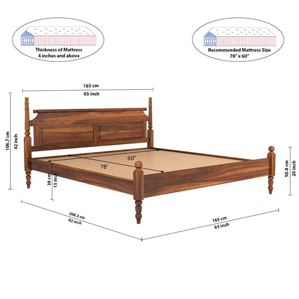 Bala Sheesham Wood Queen Size Bed In Teak Finish Without Storage (60 x 78 inches)