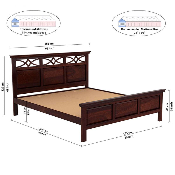 Tulsi Sheesham Wood Queen Size Bed In Walnut Finish Without Storage (60 x 78 inches)