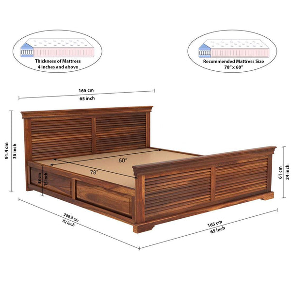 Hearti Sheesham Wood Queen Size Bed In Teak Finish With Box Storage (60 x 78 inches)