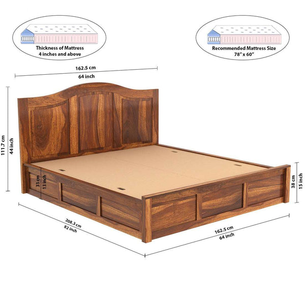 Sniu Sheesham Wood Queen Size Bed In Teak Finish With Box Storage (60 x 78 inches)