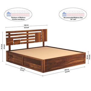 Perper Sheesham Wood Queen Size Bed In Teak Finish With Hydraulic Storage (60 x 78 inches)