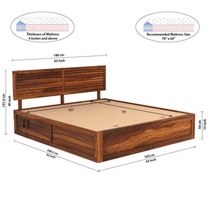 Hearti Sheesham Wood Queen Size Bed In Teak Finish With Box & Drawer Storage (60 x 78 inches)