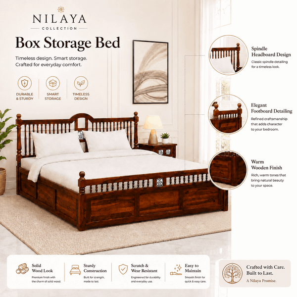 Nilaya Sheesham Wood Queen Size Bed In Honey Oak Finish With Box Storage (60 - 78 inch Mattress Size)