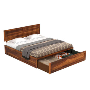 Hearti Sheesham Wood Queen Size Bed In Teak Finish With Box & Drawer Storage (60 x 78 inches)
