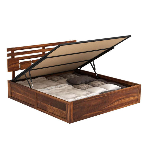 Perper Sheesham Wood Queen Size Bed In Teak Finish With Hydraulic Storage (60 x 78 inches)