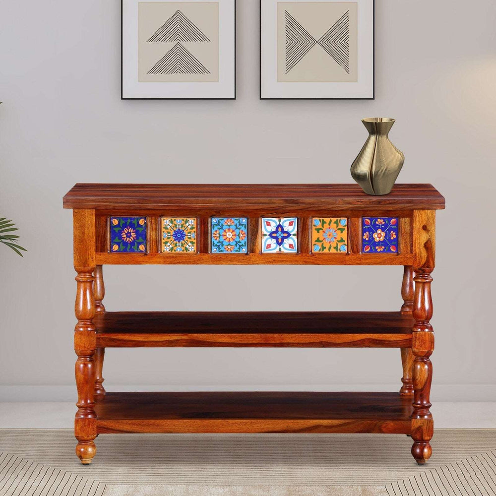 Rangrez Sheesham Wood Console Table In Honey Oak Finish