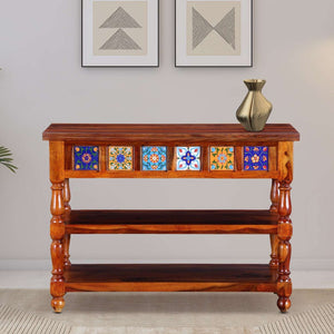 Rangrez Sheesham Wood Console Table In Honey Oak Finish