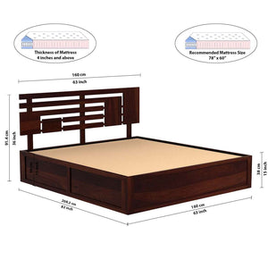 Perper Sheesham Wood Queen Size Bed In Walnut FinishWith Hydraulic Storage (60 x 78 inches)