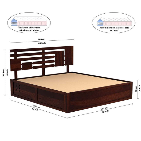 Perper Sheesham Wood Queen Size Bed In Walnut FinishWith Hydraulic Storage (60 x 78 inches)