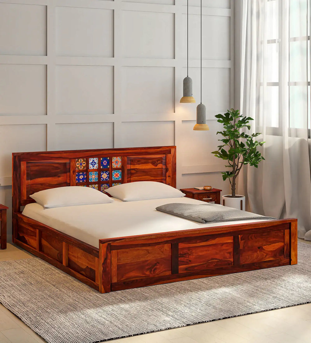 Rangrez Sheesham Wood Queen Size Bed In Honey Oak Finish With Box Storage (60 - 78 inch Mattress Size)