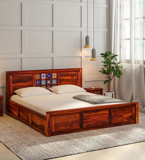 Rangrez Sheesham Wood Queen Size Bed In Honey Oak Finish With Box Storage (60 - 78 inch Mattress Size)