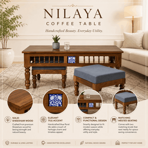 Nilaya Sheesham Wood Nesting Coffee Table Set in Provincial Teak Finish With Cushioned Stools