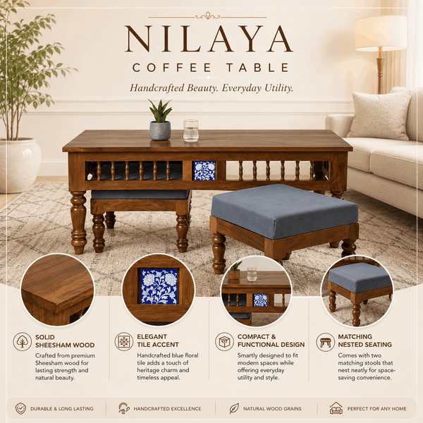 Nilaya Sheesham Wood Nesting Coffee Table Set in Provincial Teak Finish With Cushioned Stools