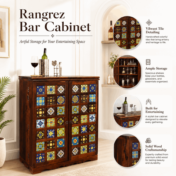 Rangrez Sheesham Wood Bar Cabinet In Honey Oak Finish