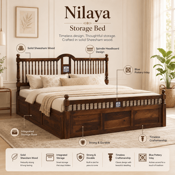 Nilaya Sheesham Wood Queen Size Bed In Provincial Teak Finish With Box Storage (60 - 78 inch Mattress Size)