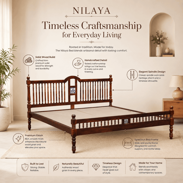 Nilaya Sheesham Wood Queen Size Bed In Honey Oak Finish (60 - 78 inch Mattress Size)