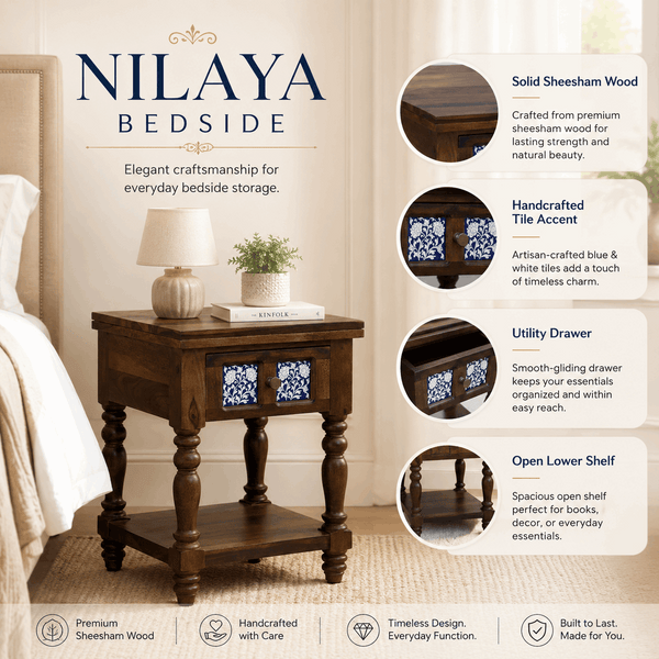 Nilaya Sheesham Wood Bedside Table In Provincial Teak Finish With Drawer