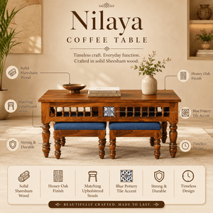 Nilaya Sheesham Wood Nesting Coffee Table Set in Honey Oak Finish With Cushioned Stools