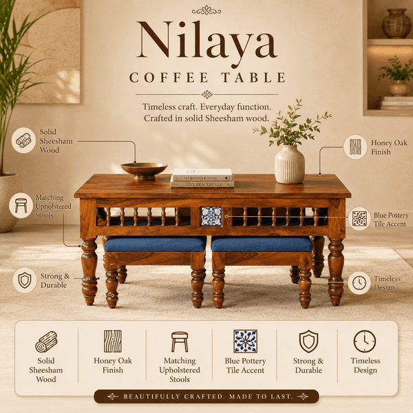 Nilaya Sheesham Wood Nesting Coffee Table Set in Honey Oak Finish With Cushioned Stools
