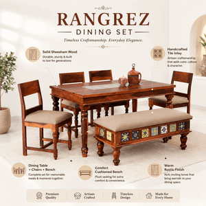 Rangrez Sheesham Wood 6 Seater Dining Set In Honey Oak Finish With Cushioned Bench